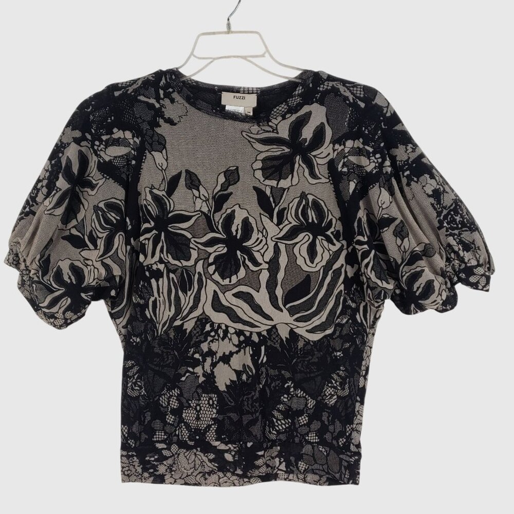 FUZZI Italy Floral Mesh Top Black Beige Puff Sleeve Blouse Women’s Size M